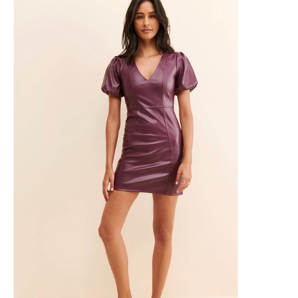 NSR Amali Mini Dress - Vegan Leather - Burgundy - Size Medium